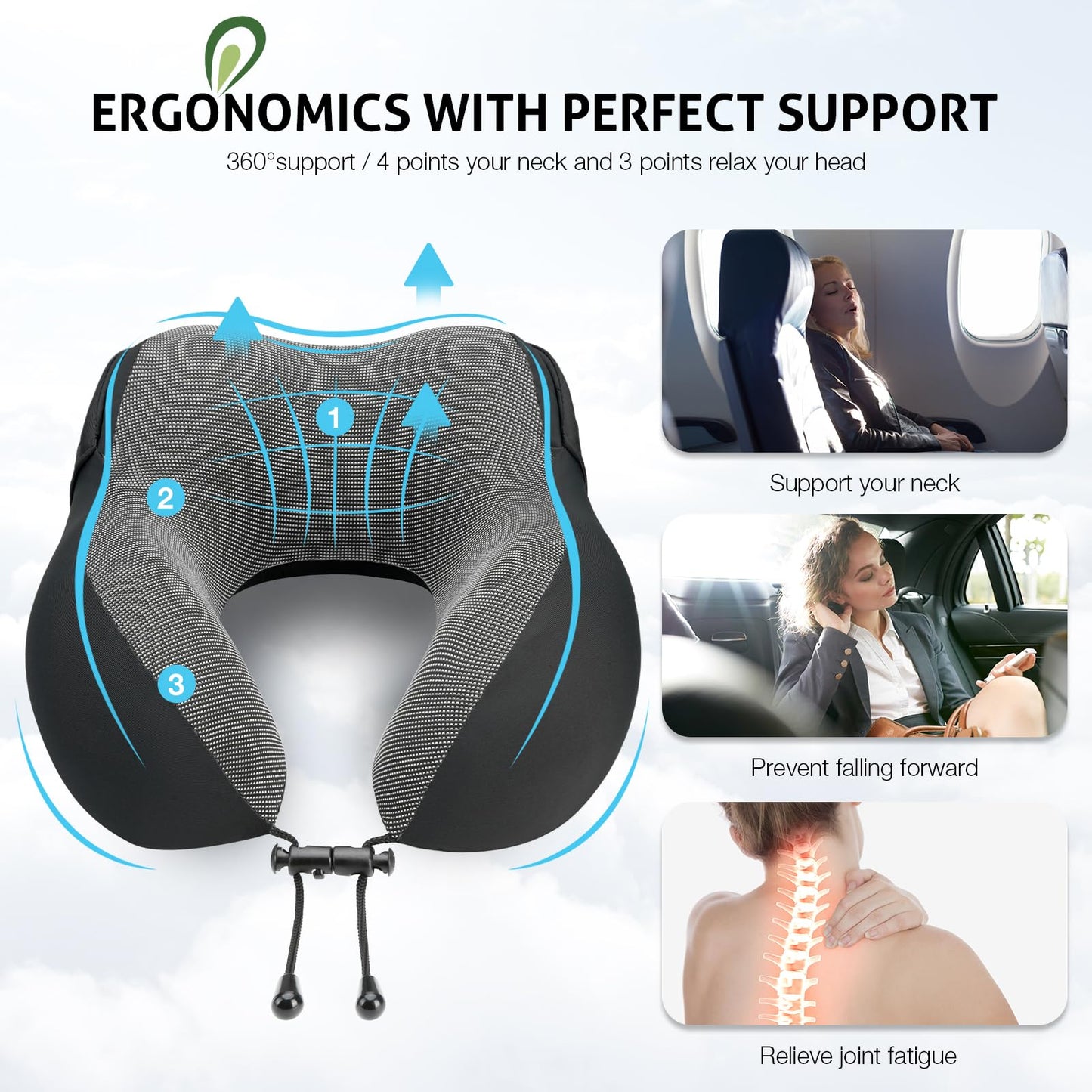Jiancrate Travel Pillow for Neck Memory Foam, Hooded Travel Neck Pillow for Adults, Comfortable Neck Pillow for Travel with Hoodie, Flight Pillow, Airplane Pillow, Travel Cushion for Plane Car Train