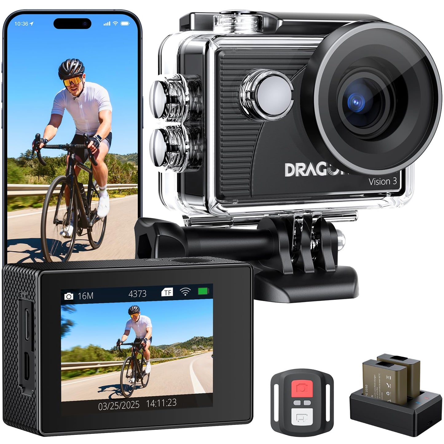 Dragon Touch 4K Action Camera 20MP Vision 3 Underwater Waterproof Camera 170° Wide Angle WiFi Sports Cam with Remote 2 Batteries and Mounting Accessories Kit
