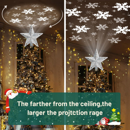 Christmas Tree Topper Lighted with 6 Projection Modes,Christmas Star Tree Topper Built-in LED Rotating Projector Lights 3D Sparkling Christmas Tree Decorations for Xmas Party Holiday Decor(Silver)