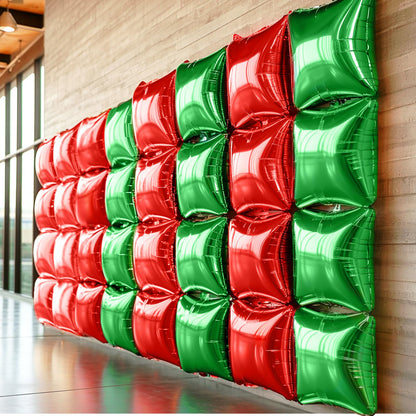 NISOCY 25PCS Christmas Balloons Red Green Square Foil Balloon Wall Backdrop Double Sided Metallic Red Balloons Arch Kit for New Years Birthday Anniversary Bridal Baby Shower Party Decorations