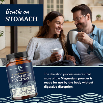 Magnesium Glycinate 400mg | Chelated Bisglycinate for Muscle Relaxation, Bones, Heart, Nerve, Sleep & Calm Support for Women & Men | High Absorption Magnesium Chelate Supplement | 120 Capsules