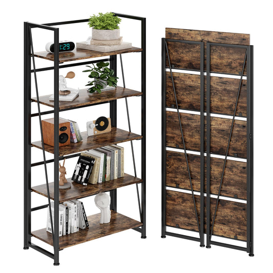 BHG Vintage Multifunctional Folding Bookshelf, No-Assembly Plant Stand Storage Rack Shelves for Home Office (Fire, 5-Tier)
