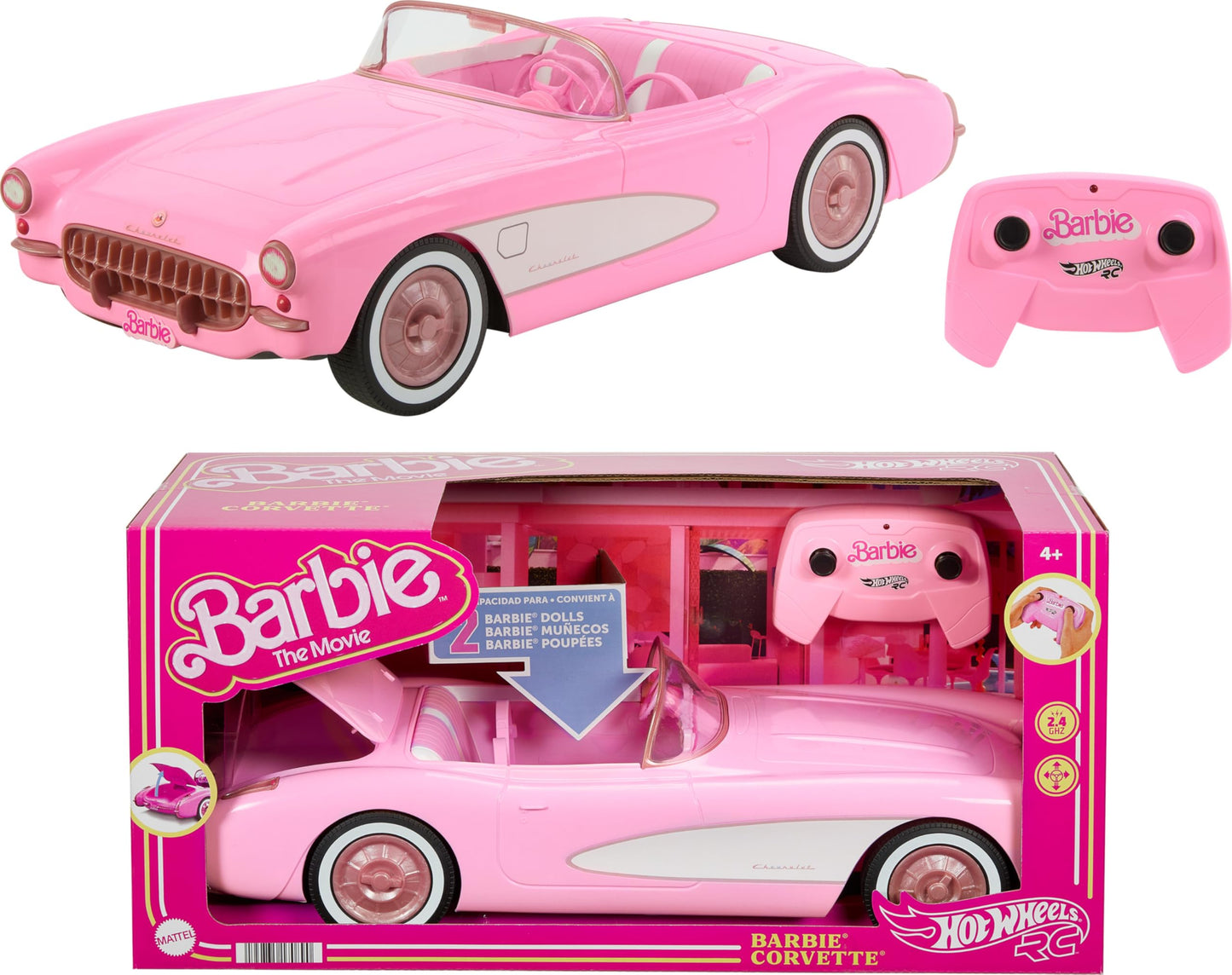 Barbie Hot Wheels RC Corvette from The Movie, Full-Function Remote-Control Toy Car Holds 2 Dolls