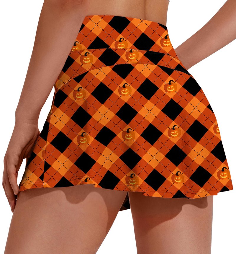 PINSPARK Skorts High Waisted Tennis Skirts with Shorts Women Pleated Mini Skirts American Flags Skirts,Orange Print Large