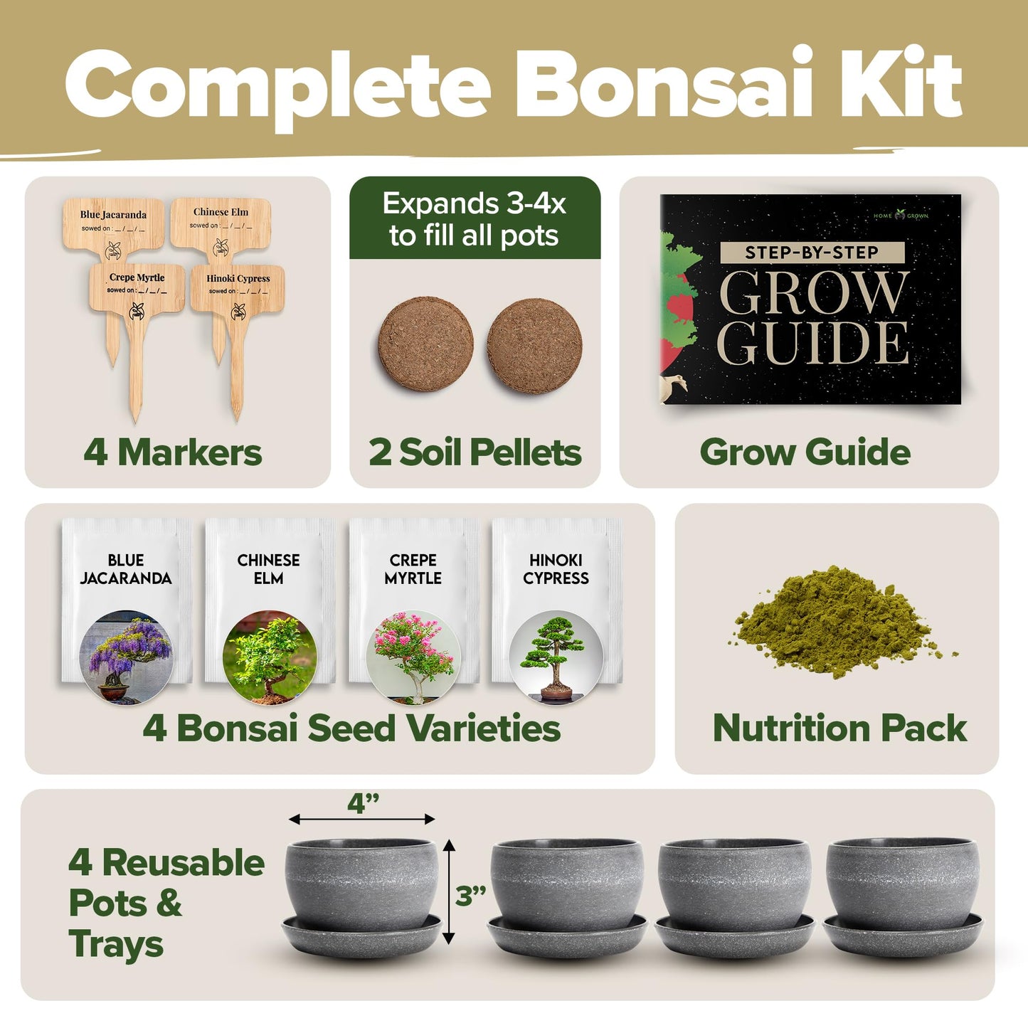 HOME GROWN Bonsai Tree Kit – Grow 4 Bonsai Types Indoors with Complete Starter Kit Including Pots Peat Pellets and Bonus Grow Guide – Unique Gardening Gift for Men Women Beginners