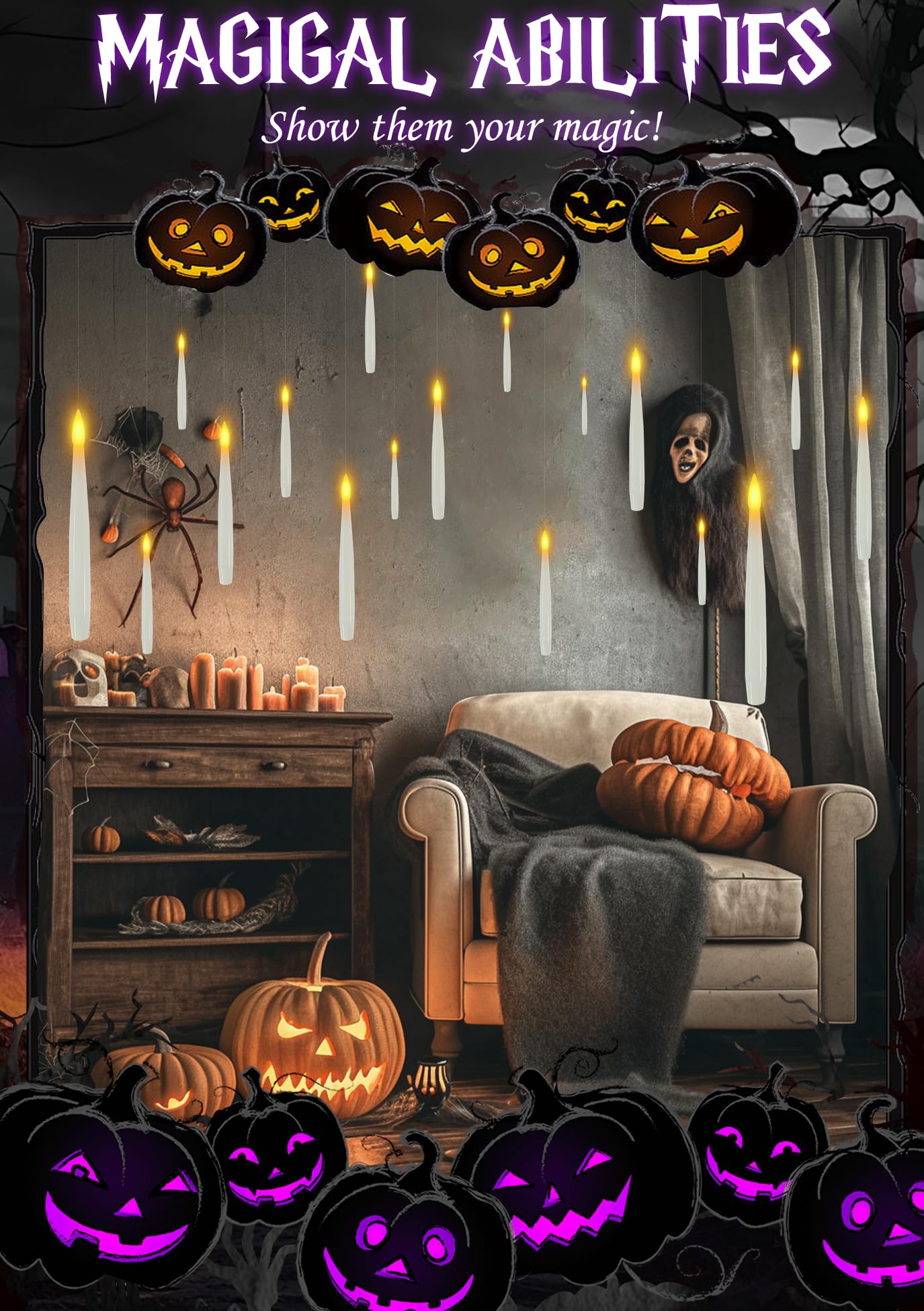 Halloween Decorations, Floating Candles with Wand 20 PCs Flameless Magic Hanging Candles, Flickering Warm Light Floating LED Candle with Remote, Battery Operated Window Taper Candle Set Birthday Gift