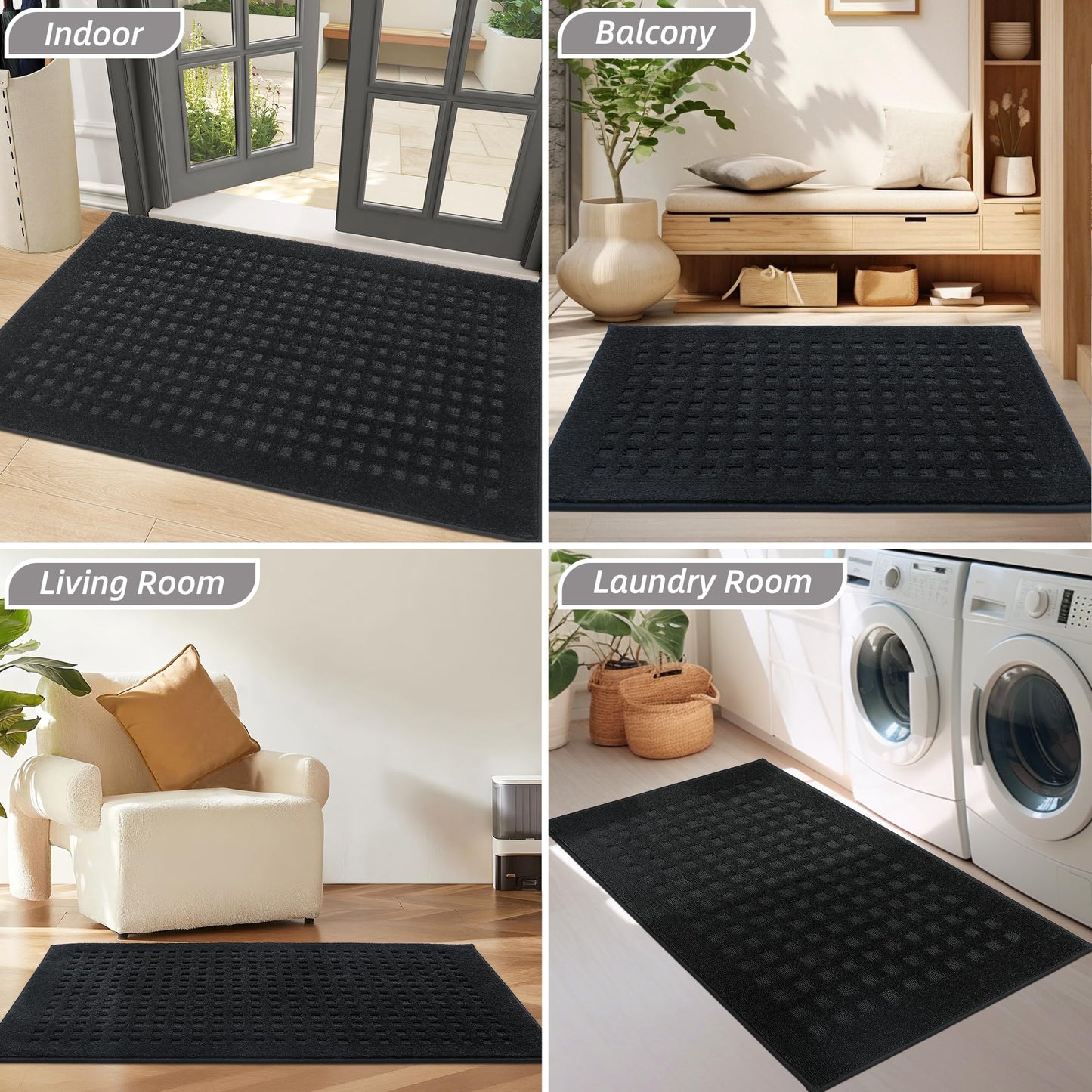 BEQHAUSE Dirt Trapper Door Mats 20"x32", Non-Slip Waffle Doormat Indoor Entrance Low-Profile, Dirt Resist and Absorbent Entryway Rugs Washable Inside Welcome Floor Mat for Front Back Door, Black