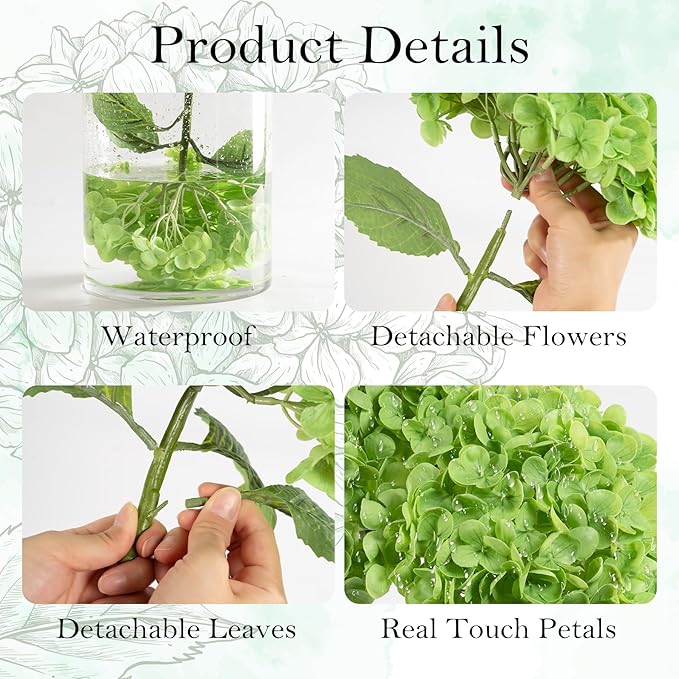 BonBloom's 3 Pcs Dark Green Hydrangea Artificial Flowers, Latex Real Touch Faux Hydrangeas Lifelike Stem & Blooms Fake Flowers for Wedding Bouquet Party Outdoor Table Centerpieces Home Decor