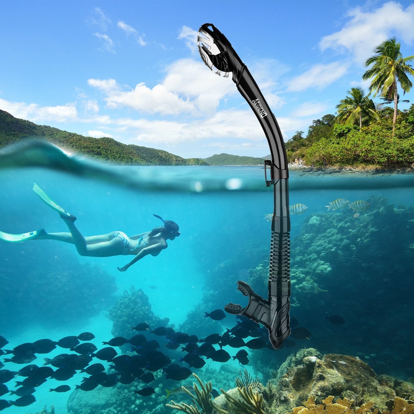 Aegend Dry Snorkel, Easy-Breath Free Diving Snorkel for Snorkeling Scuba Diving Freediving Swimming, with Top Dry Valve and Food-Grade Silicone Mouthpiece for Adult Youth, Black