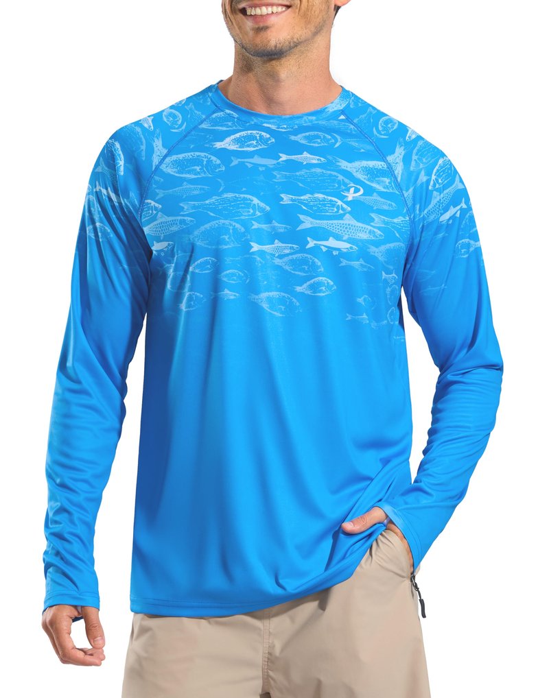 Pudolla Men's Sun Protection Shirts UV SPF UPF 50+ Long Sleeve Lightweight Quick Dry Shirts(Blue Gradient Shoal L)