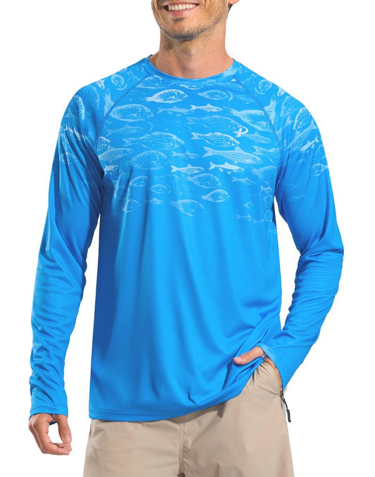 Pudolla Men's Sun Protection Shirts UV SPF UPF 50+ Long Sleeve Lightweight Quick Dry Shirts(Blue Gradient Shoal L)
