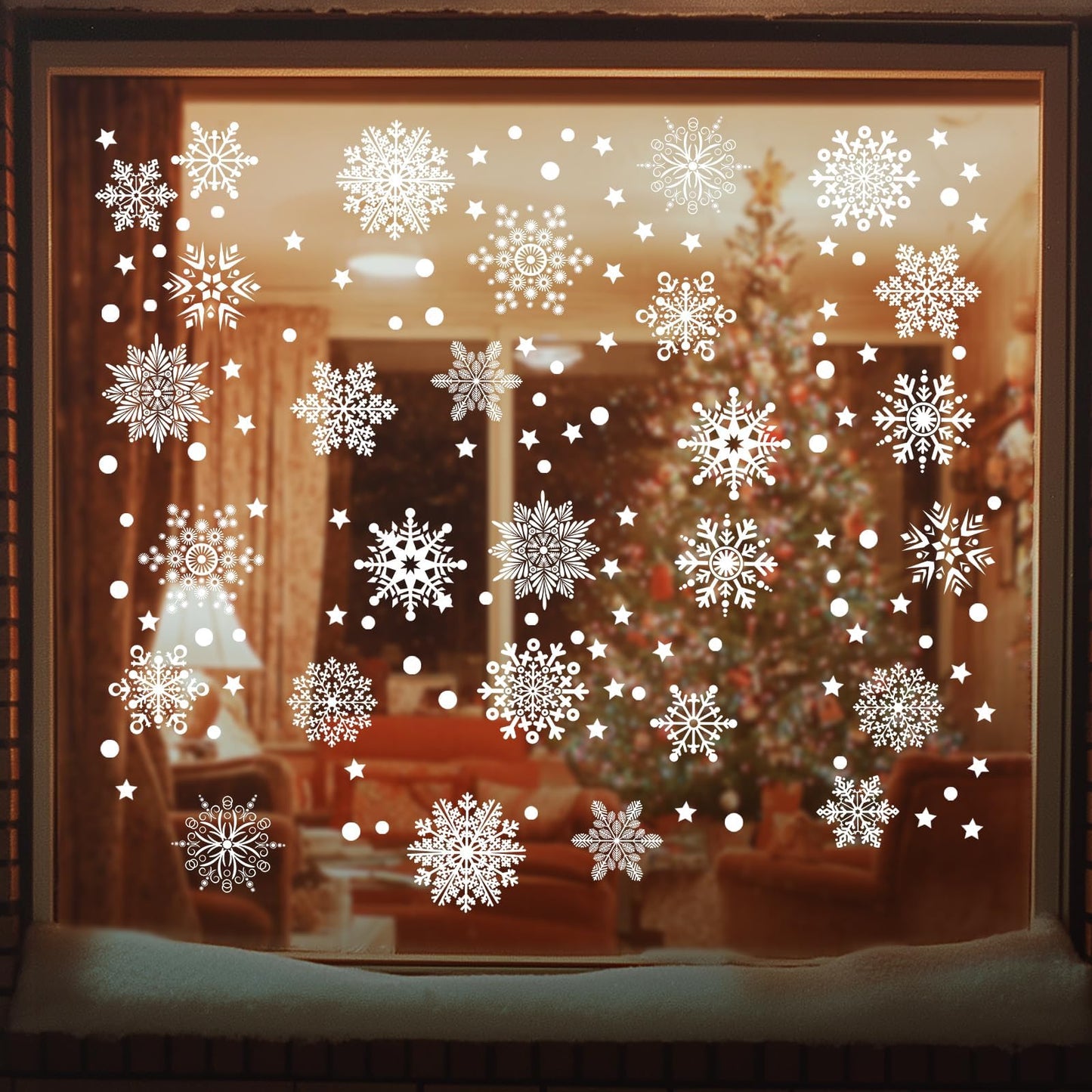 AHEONLAR 142PCS Christmas Window Static Cling Sticker, Snowflake Stickers Christmas Decorations, Waterproof Double-Sided Printed Xmas Window Clings Decals, Winter Stickers for Windows/Mirror/Fridge