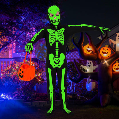 FAYBOX Skeleton Costume Glow in The Dark for Kids Toddler, Halloween Fortnite Onesie for Boy Girls with Pumpkin Candy Bag(5-7)