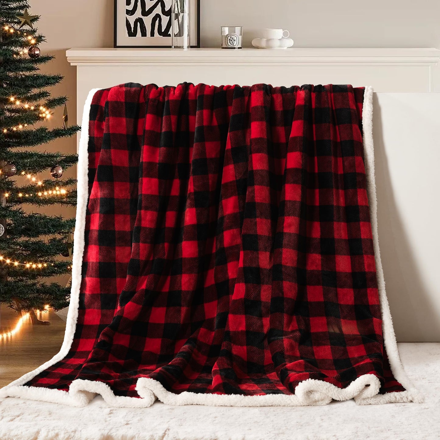 BEAUTEX Christmas Sherpa Fleece Throw Blanket, Super Soft Warm Buffalo Plaid Plush Blankets and Throws, Warm Winter Cozy Fuzzy Blanket for Couch Sofa Bed (Red, 50" x 60")