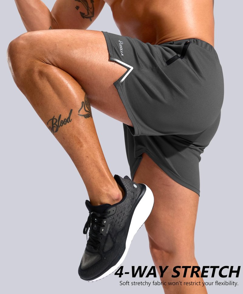 Pudolla Men's Workout Running Shorts with Zipper Pockets 5" Lightweight Quick Dry Athletic Gym Mesh Shorts no Liner(Dusty Grey Medium)