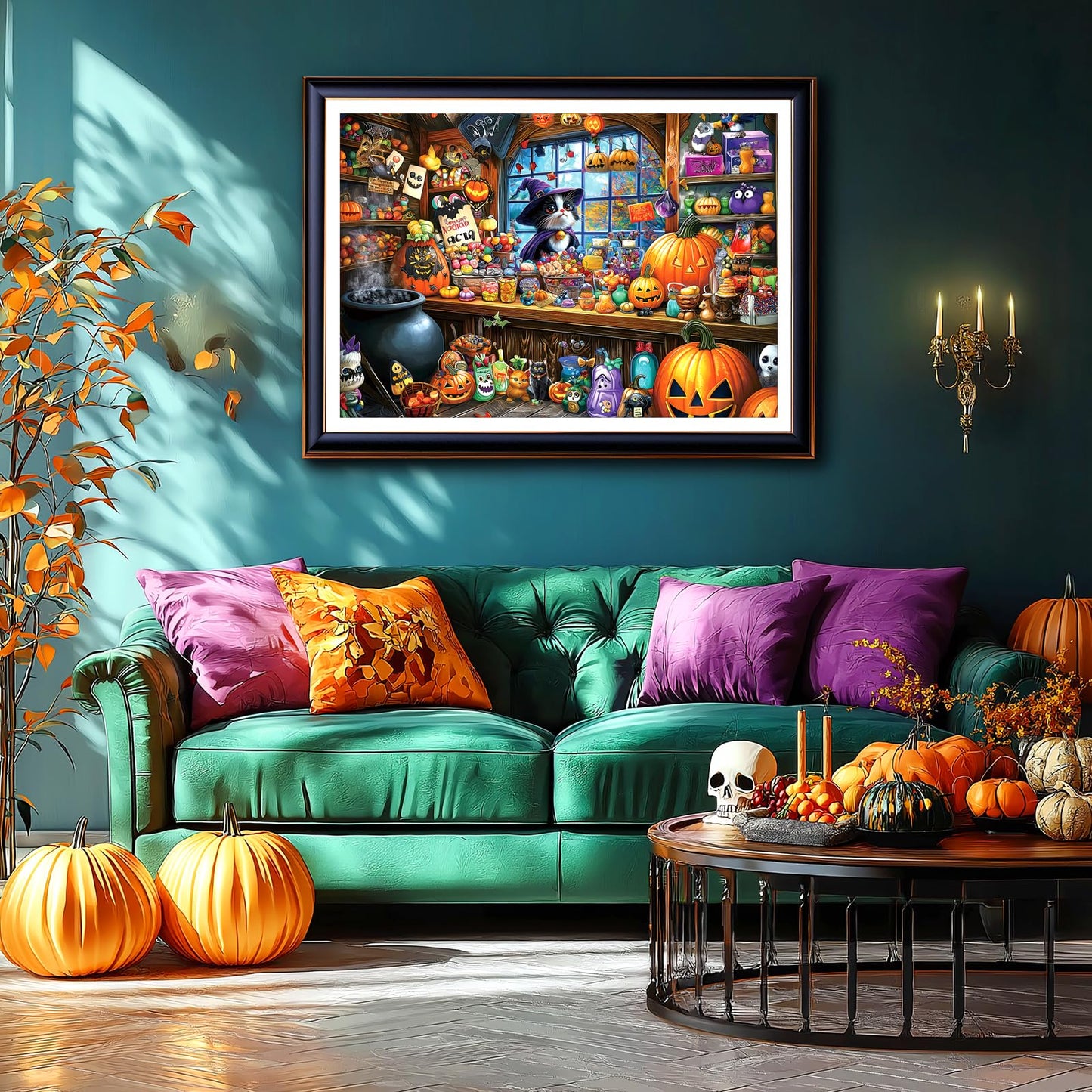 Halloween Witch Cat 1000 Piece Puzzle for Adults Halloween Candy Store Jigsaw Puzzle Spooky Treats Scene Challenging Impossible Puzzle Fun Games for Adults & Family Game Night