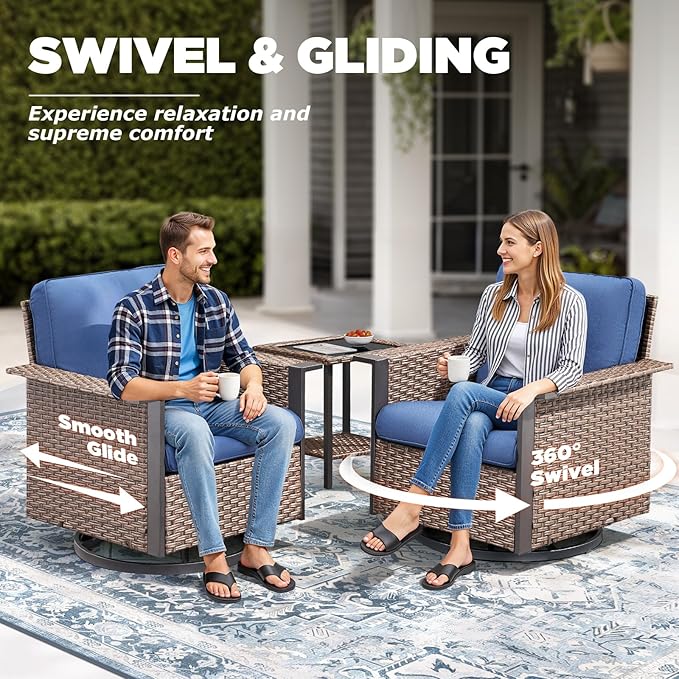 Outdoor Patio Furniture Set Swivel Chairs-9 Pieces All-Weather Wicker 3 Seater Sofa with 2 Ottomans Rattan Side Table, Wicker Sofa Outdoor Furniture for Porch Deck Backyard Brown/Blue