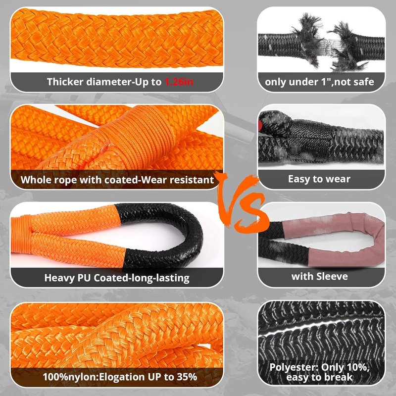 Kinetic Recovery Tow Rope - 1.26" x 30ft Heavy Duty Snatch Strap Kit for Trucks, SUVs, ATVs | Orange