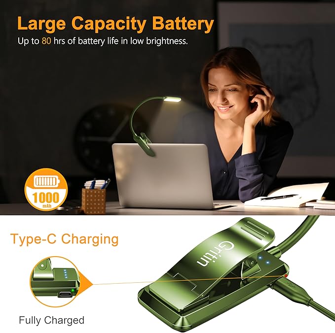 Gritin 9 LED Rechargeable Book Light for Reading in Bed - Eye Caring 3 Color Temperatures,Stepless Dimming Brightness,80 Hrs Runtime Small Lightweight Clip On Book Reading Light -Intense Green
