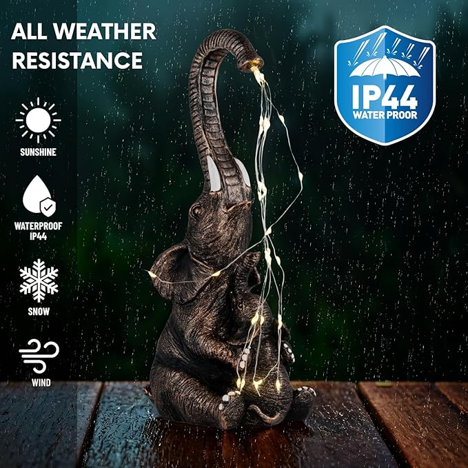Elephant Statue with Solar Watering Lights, Outdoor Garden Decor for Patio, Yard, Lawn, Unique Gifts for Women, Mom – Resin Elephant Sculpture (Copper Two Elephants)