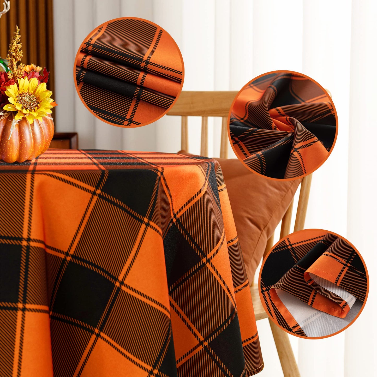 MikiUp Checkered Round Halloween Tablecloth - Waterproof, Wrinkle Resistant and Washable Gingham Table Cloth Decorative Table Cover for Party, Orange/Black 60 Inch
