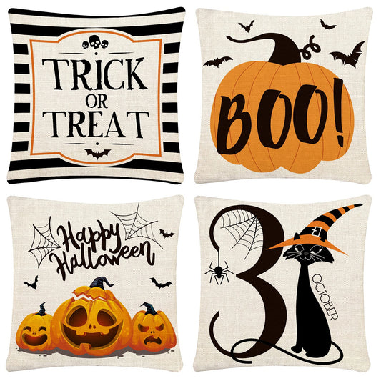 CH HAICHENG Halloween Pillow Covers 18x18 Set of 4 Trick or Treat Pillow Covers Happy Halloween Linen Sofa Bed Throw Cushion Cover Decoration