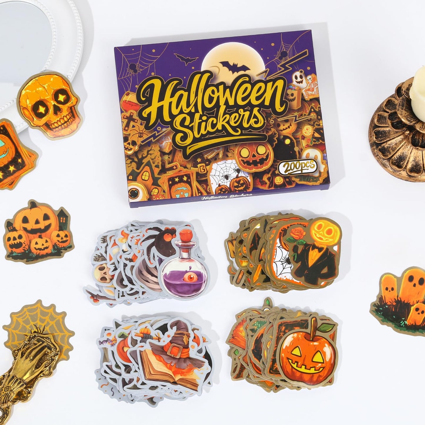 200 PCS Halloween Stickers, Pumpkin Sticker, Non-Repeating Vinyl Waterproof Holiday Party Stickers for Kids & Adults, Halloween Party Favors, Trick or Treat Crafts & Gifts