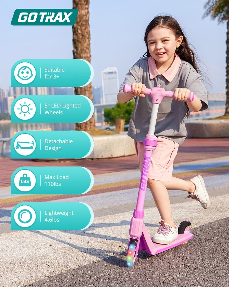 Gotrax K03 Kick Scooter for Kids, 5" LED Lighted Wheels and Adjustable Handlebars, Lightweight Design and Anti-Slip Deck, Max Load 110 Lbs, Kids Scooter for Boys & Girls Ages 3+, Pink
