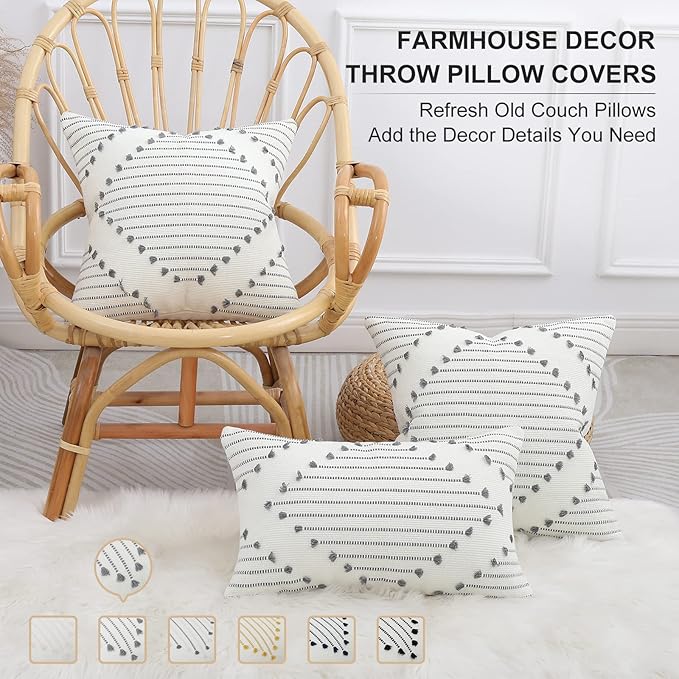Mecatny Boho Outdoor Throw Pillow Covers 18X18 Set of 2, Farmhouse Decorative Pillow Covers for Couch Sofa Living Room, Grey & Cream White