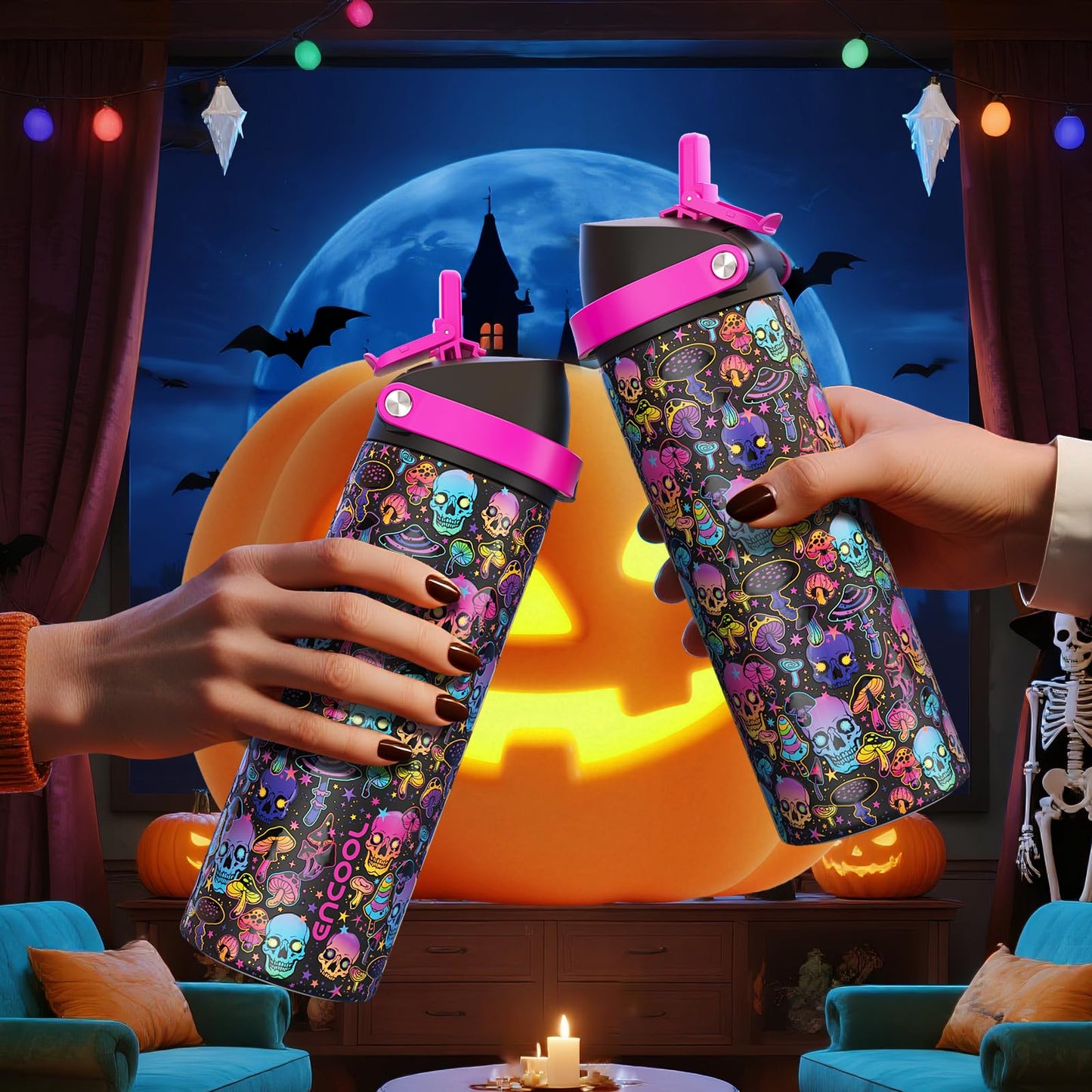 Halloween Insulated Water Bottle with Straw - Stainless Steel Water Bottle with Push Button Lid, Leak-Proof BPA-Free, Keeps Cold for 24 Hours for Halloween gifts, Party (32 oz, Trippy Skulls)