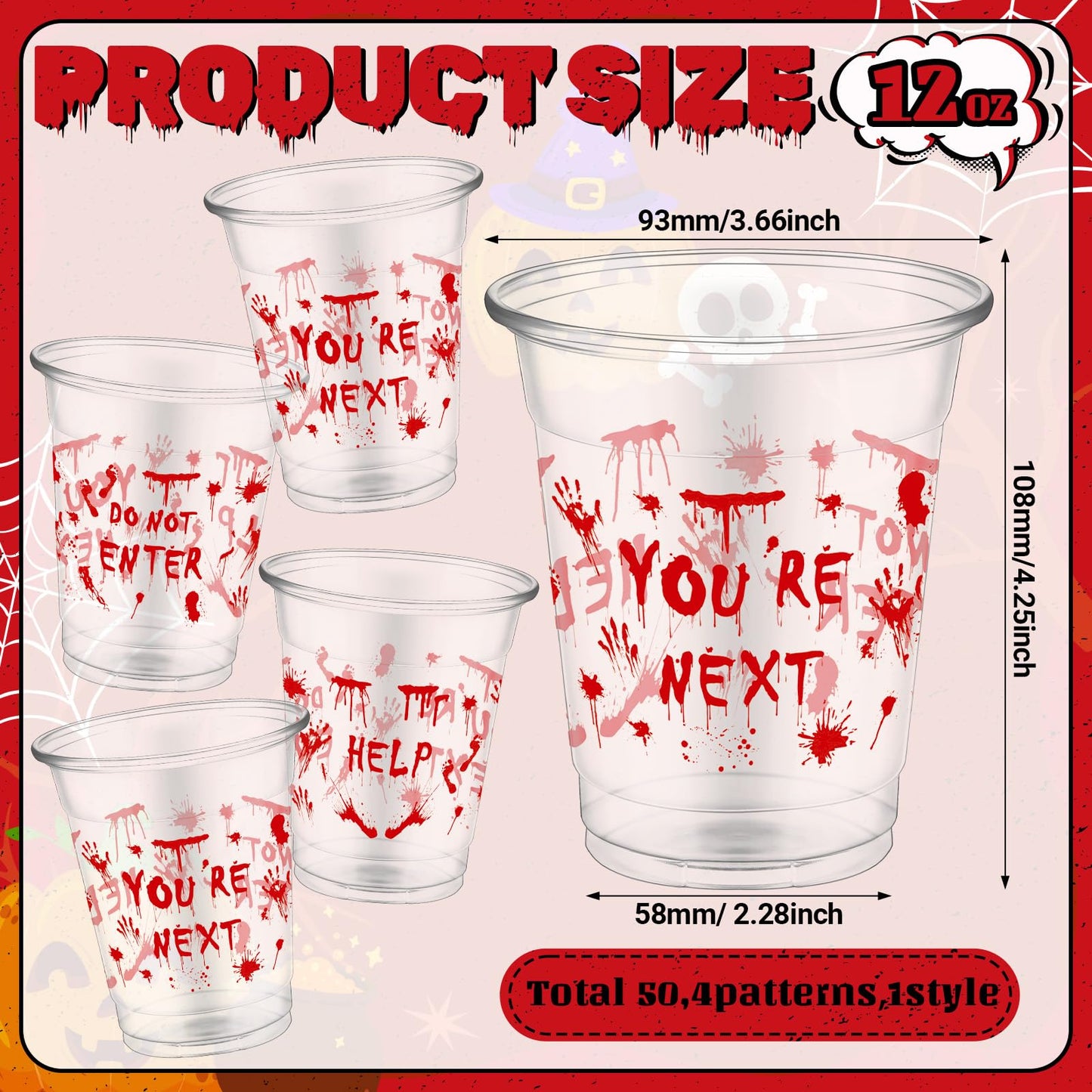 FoldTier 50 Pcs Plastic Halloween Bloody Cups - 12 oz Clear Disposable Drinking Cups for Home Halloween Theme Party Supplies Decoration (Blood Print)