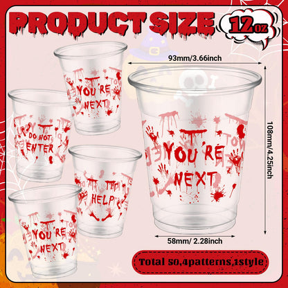 FoldTier 50 Pcs Plastic Halloween Bloody Cups - 12 oz Clear Disposable Drinking Cups for Home Halloween Theme Party Supplies Decoration (Blood Print)