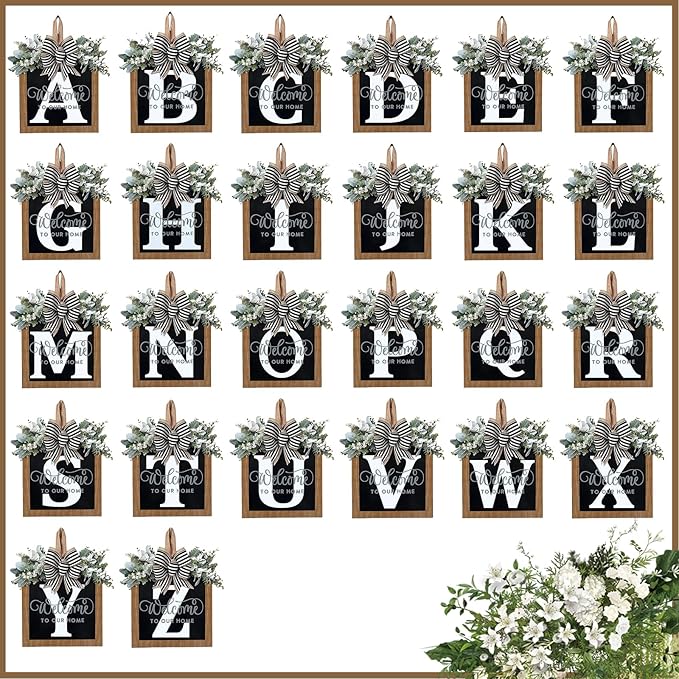 Ultra Large 14'' Last Name All Year Round Front Door Wreath with 26 Initial Letter Welcome Sign All Seasons Eucalyptus Garland and Bow Wreaths for Front Door Porch Farmhouse Decoration (S)