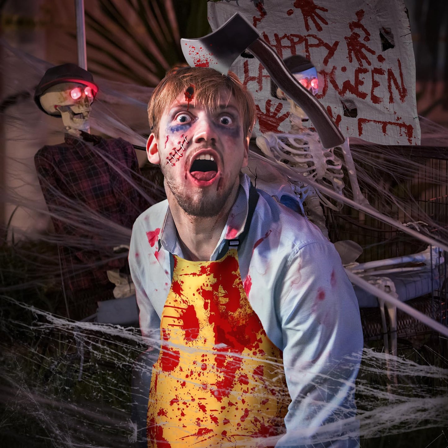 Halloween Bloody Butcher Costumes Set- Waterproof Bloody Apron with Axe Headband Butcher Knife Temporary Tattoos, Terrifying Role Play for Men Costume Party Carnival Prop Accessories (Yellow)