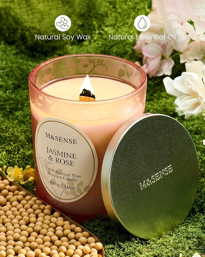 M&SENSE Jasmine Rose Candle, Cracking Wooden Wick Soy Wax, 18oz 100 Hours Long Lasting Clean Burn, Large Jar Candles for Home Scented, Non-Toxic Relaxing Aromatherapy Gifts for Women