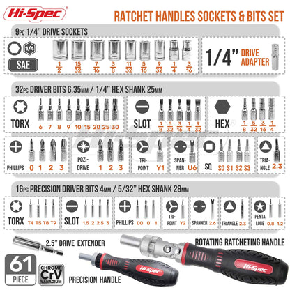 Hi-Spec 61pc 1/4” Hex Driver Bits & Socket Set with Right Angle Ratchet Handle. Easy Repairs with Torx & Small Precision Multi Bits. Screwdriver Bit Set in a Storage Case