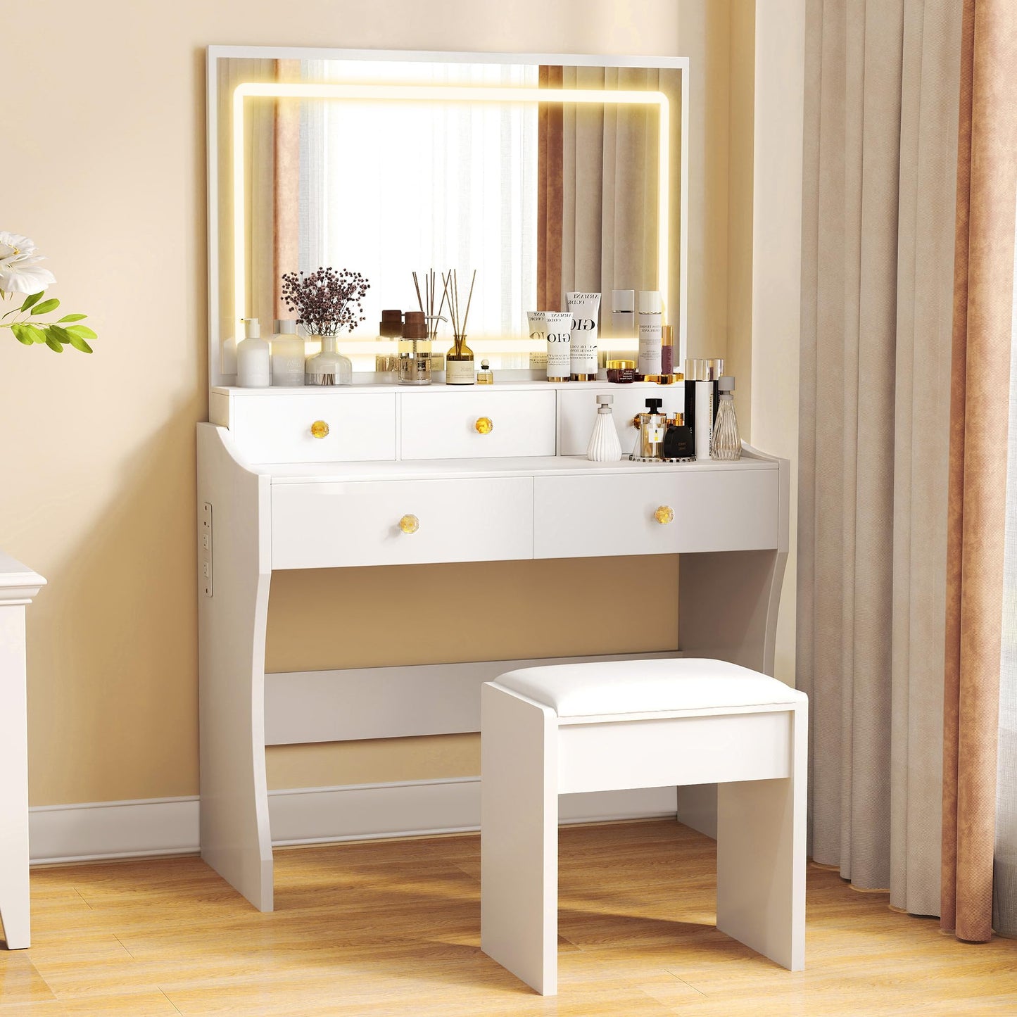 COMHOMA Makeup Vanity Desk with Mirror and Lights, Vanity Table and Chair Set with 5 Drawers and Charging Station, Bedroom Dresser LED Mirror Stepless Dimmable & 3 Color Modes Adjustable, White