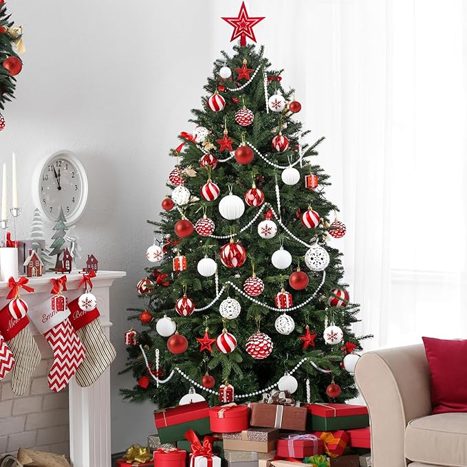 Ouddy Decor 84 Pcs Christmas Tree Ornaments Set, Red and White Christmas Decorations Shatterproof Plastic Glittery Baubles for Wreath Garland Wedding Party Holiday New Year Home Decor, Red & White