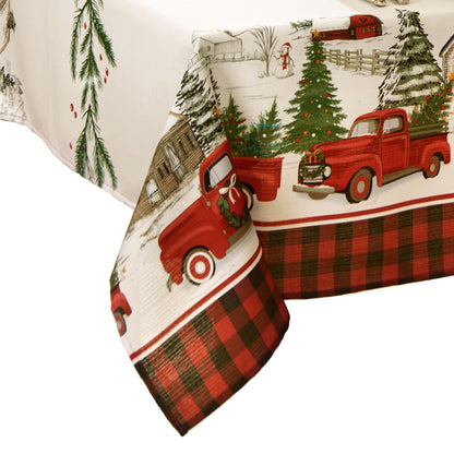 Elrene Home Fashions Vintage Truck Christmas Tree Farm Polyester Tablecloth, 60"X84", Rectangle
