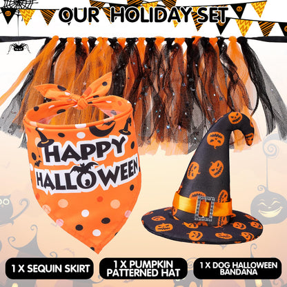 SCENEREAL Small Dog Halloween Costumes, Bandana Hat Dress Set, 3pcs Puppy Party Supplies, Soft Triangle Scarf, Cute Tutu Skirt Outfit for Girl Boy Pet