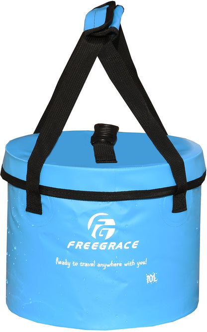 Freegrace Premium Collapsible Bucket - Multifunctional Folding Bucket - Perfect Gear for Camping, Hiking & Travel (Blue, 10L(Upgraded))