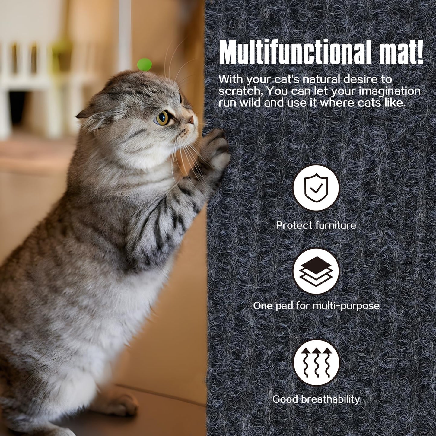 Cat Scratching Mat,Cat Scratch Furniture Protector, Trimmable Self-Adhesive Couch Protector,Carpet Replacement for Tree Shelves, Sofa and Scratching Post (40"x15.8",Dark Gray)