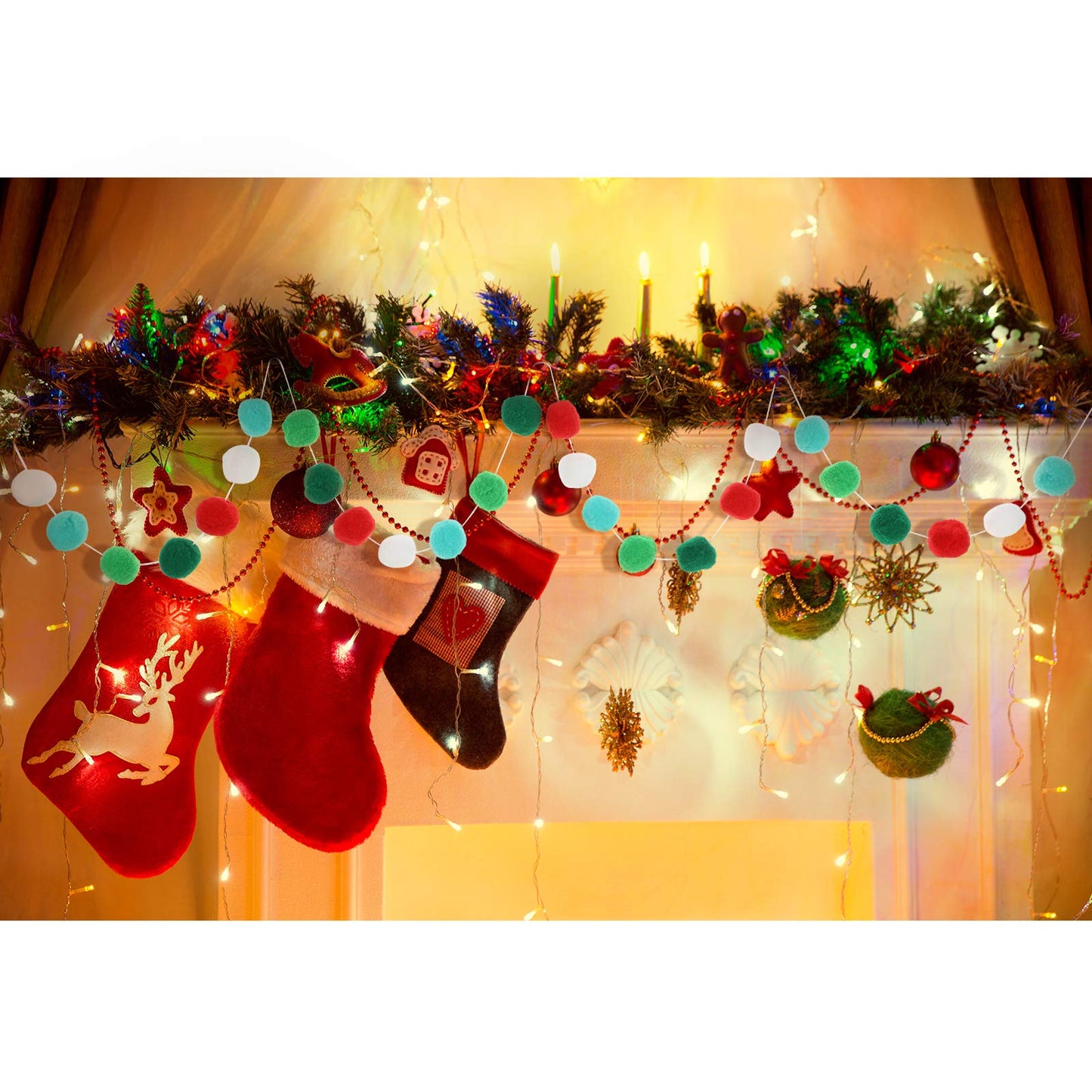 2 Pieces Christmas Felt Ball Garland Pom Pom Garlands Ball Banner for Christmas Party Festivals Decoration (Red, Dark Green, Light Green, White)