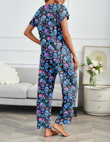 Ekouaer 2 Pack Pajamas for Women Set Short Sleeve Sleepwear Top and Pants Pjs Soft Printed Lounge Sets with Pockets Skull/Halloween Large
