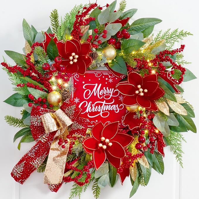 Christmas Wreath with Lights, 24 Inch Lighted Christmas Wreath for Front Door, Winter Wreath with LED Lights, red Berries, Pinecones, Gold Ball, Red Bow, Merry Christmas Sign for Indoor or Outdoor