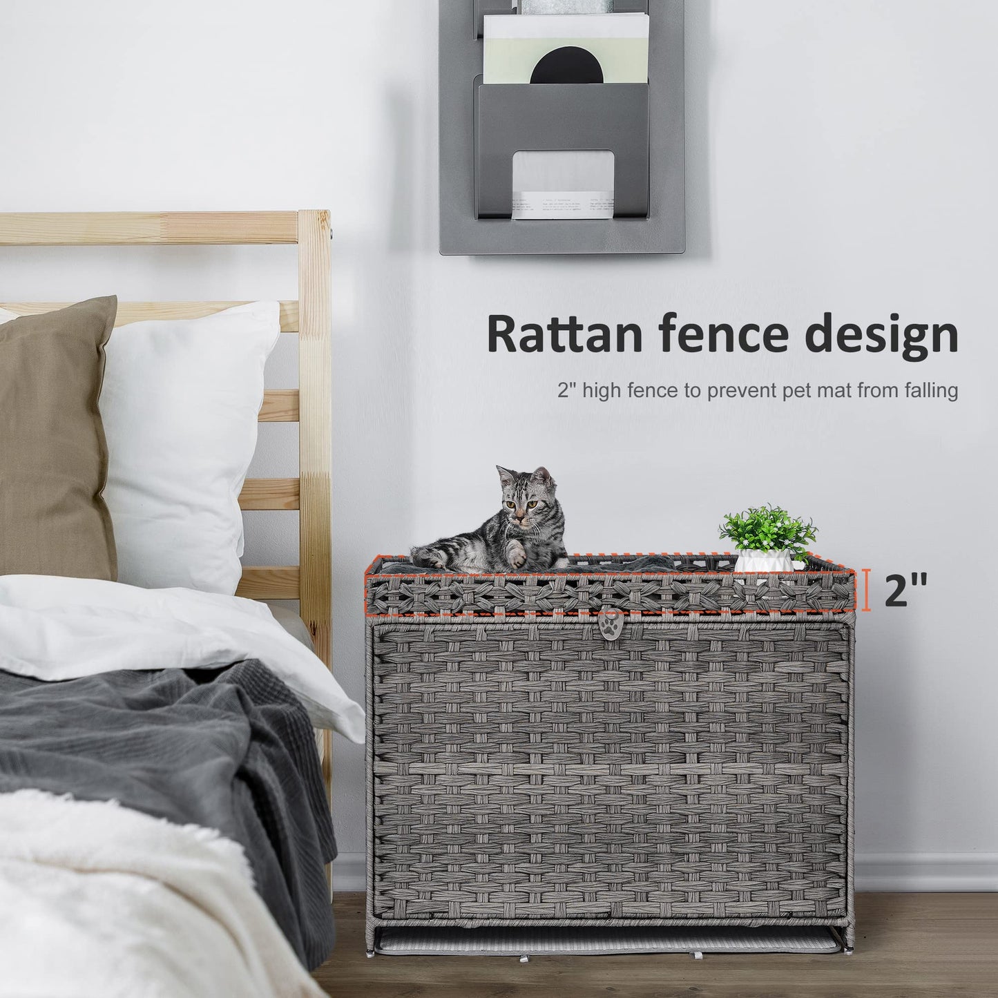 Cat Litter Box Enclosure with Soft Litter Mat; Hidden Kitten Washroom Furniture with Door; Handwoven Rattan Cat House with Large Space; Pet Crate for Living Room, Bedroom, Balcony (Grey)