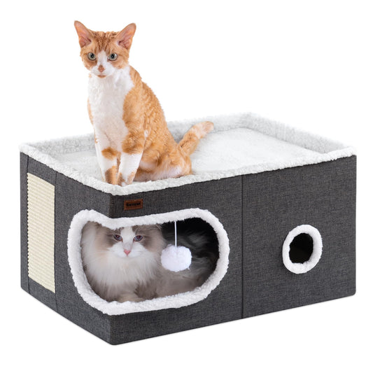 Garnpet Cat Bed for Indoor Cats Cube House, Covered Cat Cave Beds & Furniture with Scratch Pad and Hideaway Tent, Cute Modern Cat Condo for Multi Small Pet Large Kitten Kitty, Large, Dark Grey