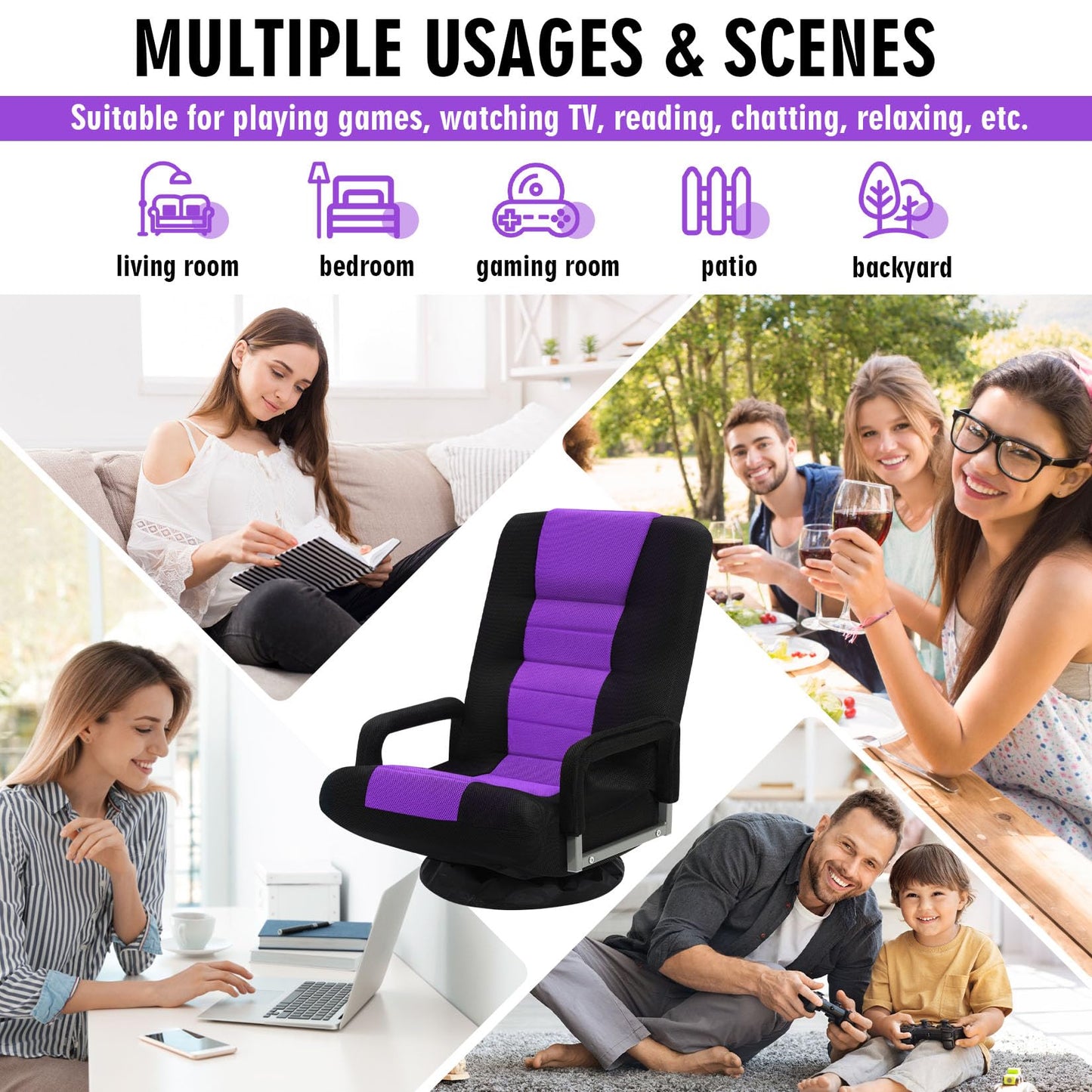 Buymoth Swivel Floor Gaming Chair w/Armrests,Folding Video Reclining Sofa w/6 Adjustable Position, Padded Backrest & Cushion, Lazy Lounger Couch for E-Sports, Reading, Relaxing, Watching TV, Purple
