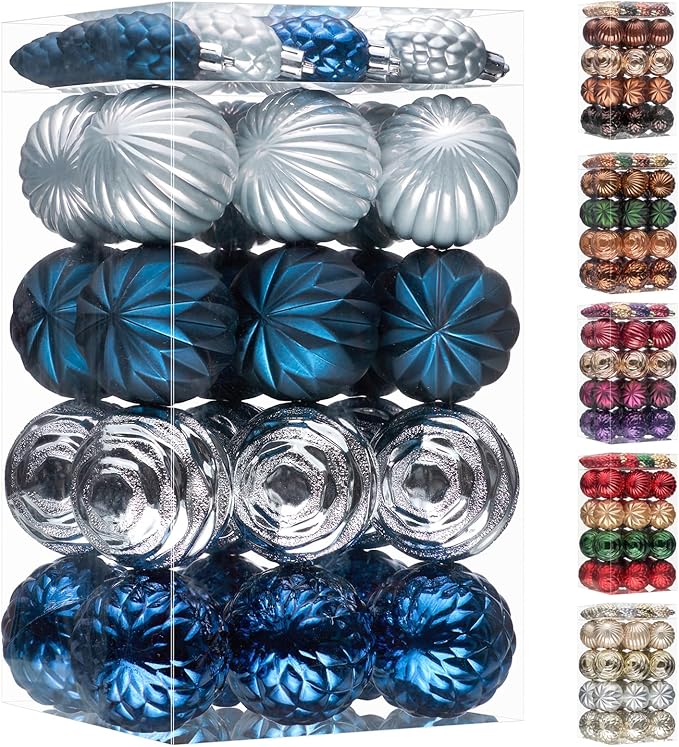 JORNOY Blue and Silver Christmas Tree Ornaments - 2.36inch/60mm Shatterproof Ornaments for Christmas Tree Set Plastic Decorative Hanging Balls Ornaments for Xmas Tree Decorations, 40ct (Blue & Silver)