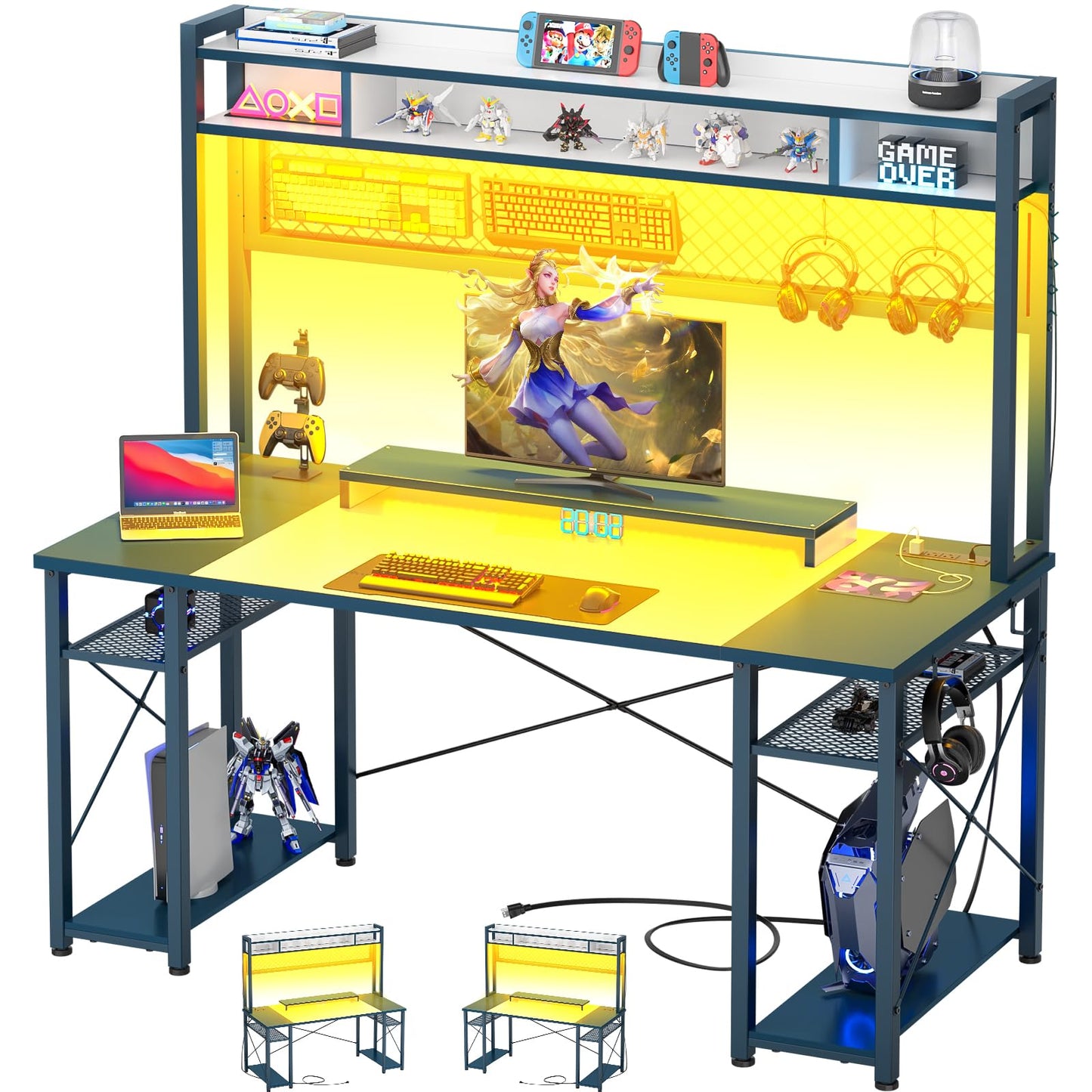 iSunirm 48 Gaming Desk with Hutch, Large Computer Desk with LED and Charging Station, Home Office Desk with Pegboard, Power Outlet, Storage and Monitor Stand, 48'' Gamer Desk PC Table, White